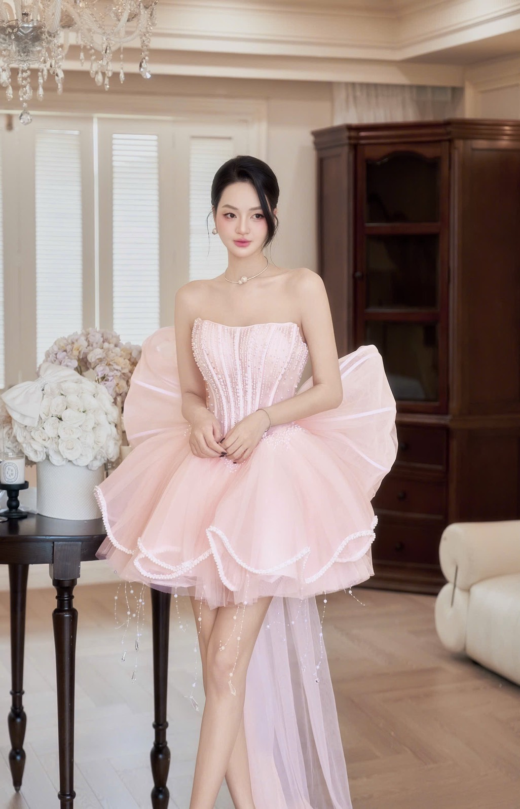 ชุดเดรส เกาะอก แต่งมุก+โบว์ สีขาว สีชมพู สีฟ้า BRAND HISO 2328BKK Size M - Image 11