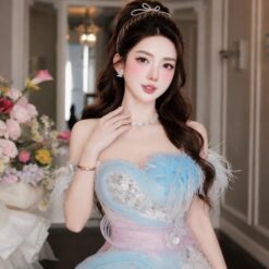 ชุดเดรส ปาดไหล่ แต่งดอก + ขนนก + กลิตเตอร์ สีฟ้า BRAND HISO 2326BKK Size S