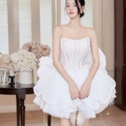 ชุดเดรส เกาะอก แต่งมุก+โบว์ สีขาว สีชมพู สีฟ้า BRAND HISO 2328BKK Size M