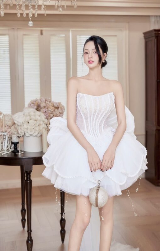 ชุดเดรส เกาะอก แต่งมุก+โบว์ สีขาว สีชมพู สีฟ้า BRAND HISO 2328BKK Size M - Image 2