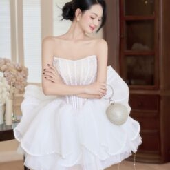 ชุดเดรส เกาะอก แต่งมุก+โบว์ สีขาว สีชมพู สีฟ้า BRAND HISO 2328BKK Size M