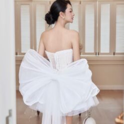ชุดเดรส เกาะอก แต่งมุก+โบว์ สีขาว สีชมพู สีฟ้า BRAND HISO 2328BKK Size M