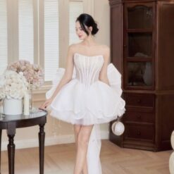 ชุดเดรส เกาะอก แต่งมุก+โบว์ สีขาว สีชมพู สีฟ้า BRAND HISO 2328BKK Size M