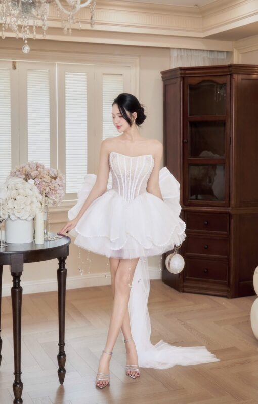 ชุดเดรส เกาะอก แต่งมุก+โบว์ สีขาว สีชมพู สีฟ้า BRAND HISO 2328BKK Size M - Image 5