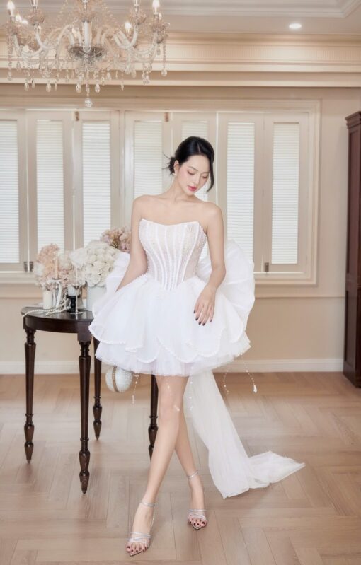 ชุดเดรส เกาะอก แต่งมุก+โบว์ สีขาว สีชมพู สีฟ้า BRAND HISO 2328BKK Size M - Image 6