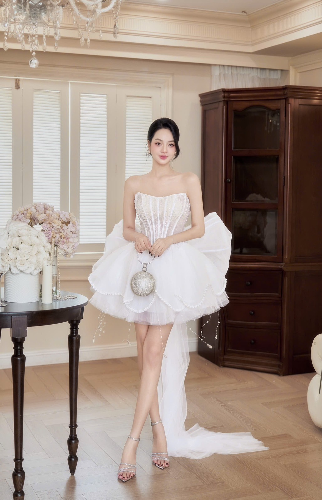 ชุดเดรส เกาะอก แต่งมุก+โบว์ สีขาว สีชมพู สีฟ้า BRAND HISO 2328BKK Size M - Image 7