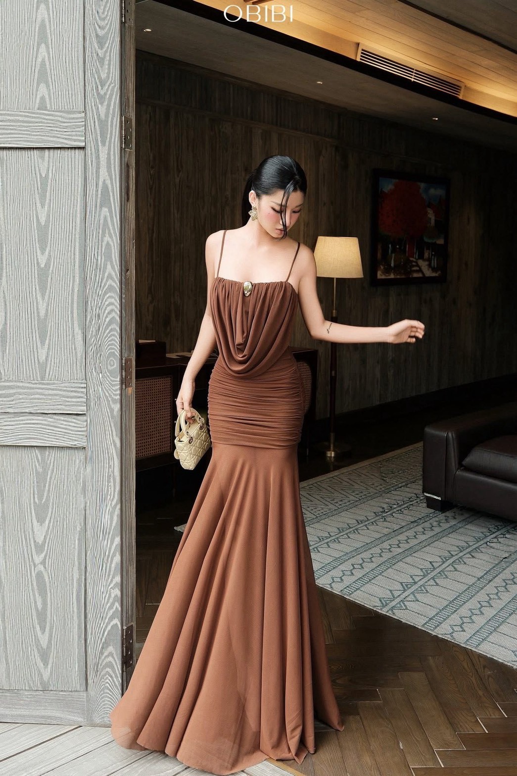ชุดเดรส ราตรี สายเดี่ยว สีน้ำตาล BRAND OBIBI 2262 BKK SIZE M