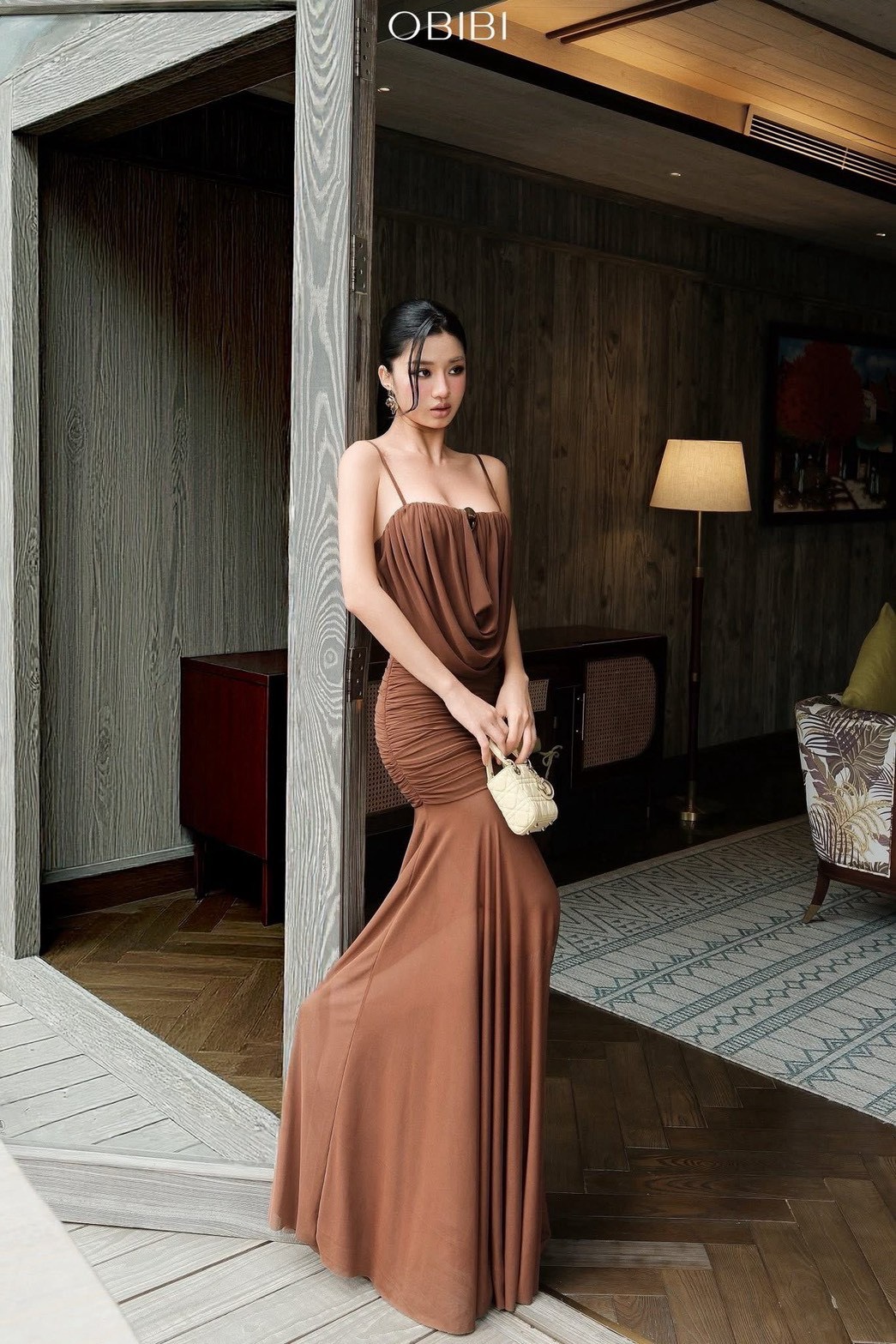 ชุดเดรส ราตรี สายเดี่ยว สีน้ำตาล BRAND OBIBI 2262 BKK SIZE M - Image 6