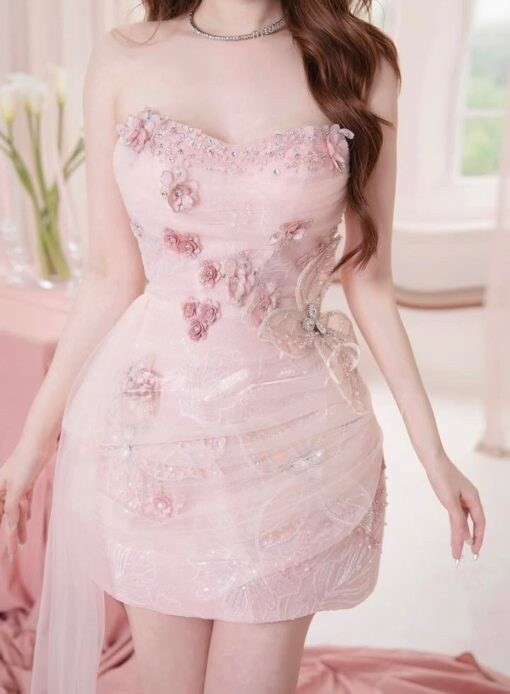 ชุดเดรส เกาะอก สีชมพู แต่งดอก+แต่งมุก Brand HISO 2343 BKK SizeM - Image 3