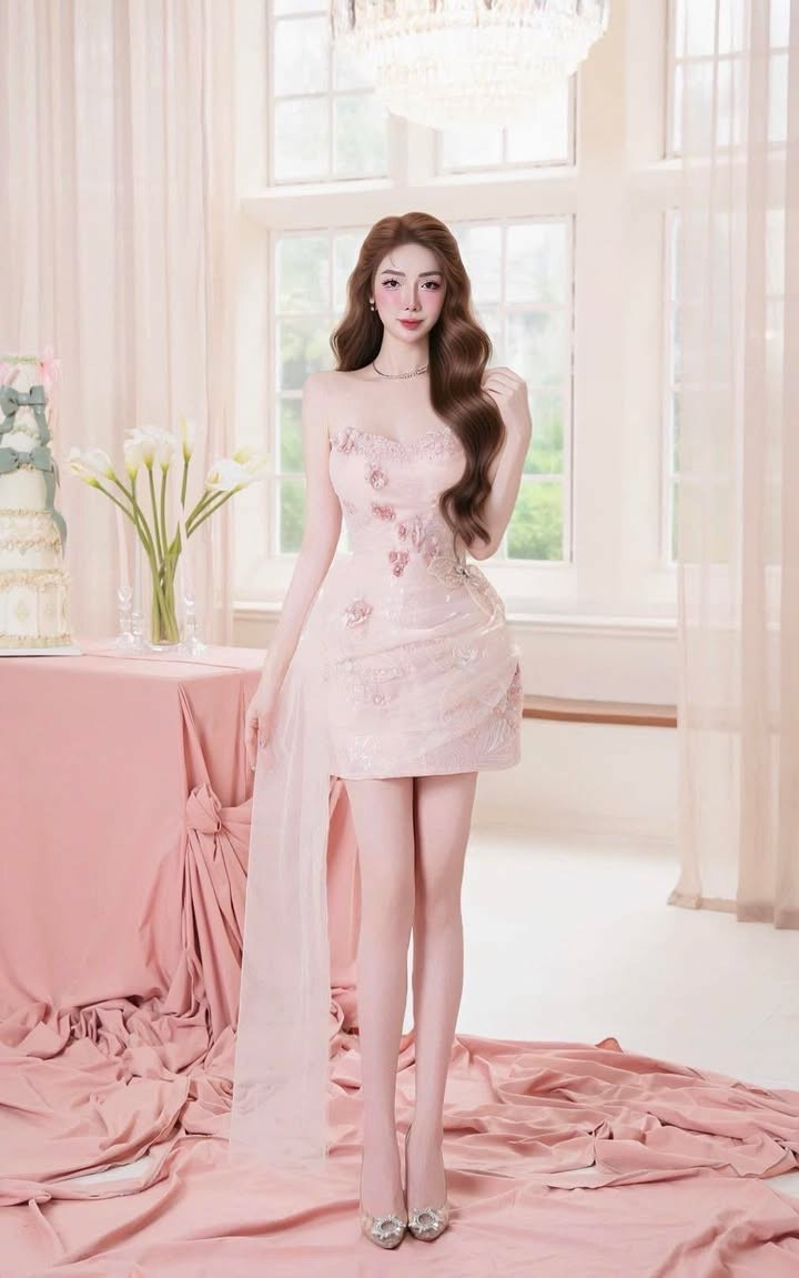 ชุดเดรส เกาะอก สีชมพู แต่งดอก+แต่งมุก Brand HISO 2343 BKK SizeM